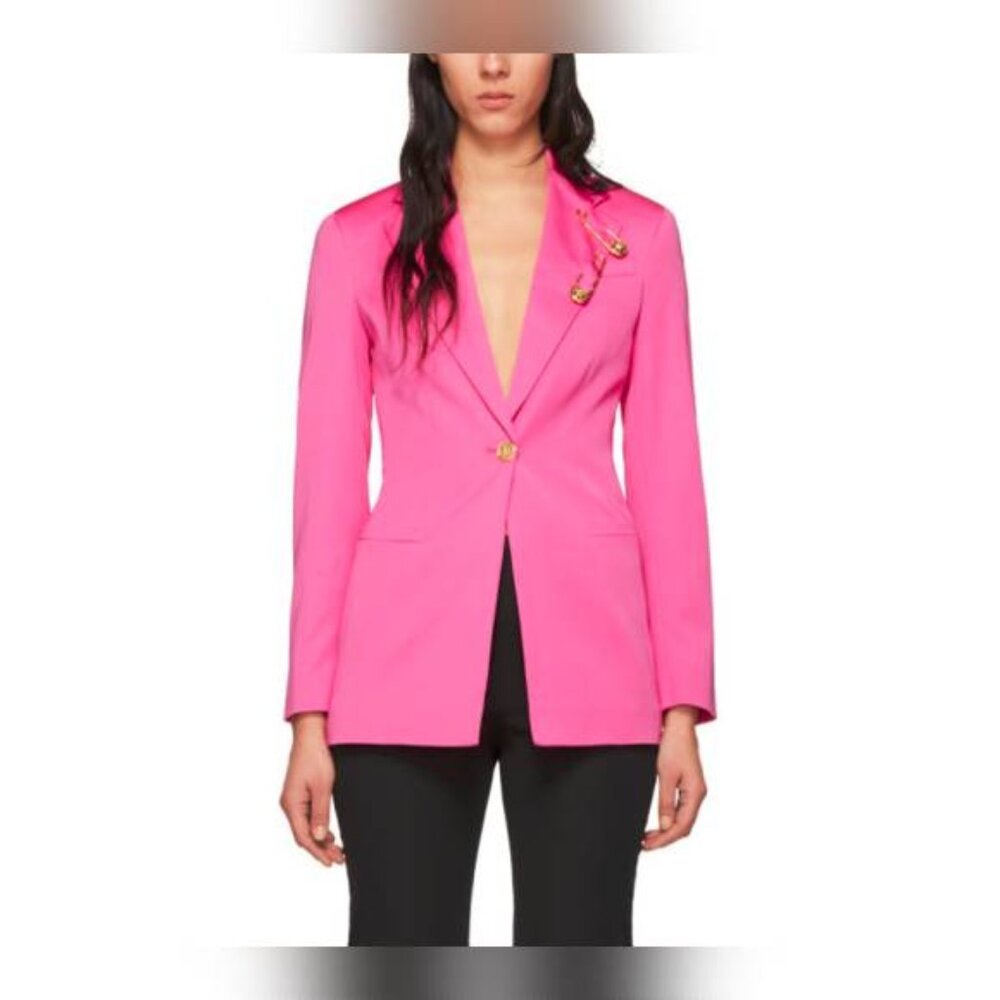 Versace SS20 Fuchsia Satin Safety Pin Detail Blazer
